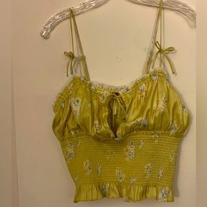 Free People Silky Lace Crop Smocked Camisole Green Floral Size L